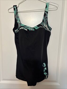 Black One-Piece Swimsuit with Teal Marble-Print Trim